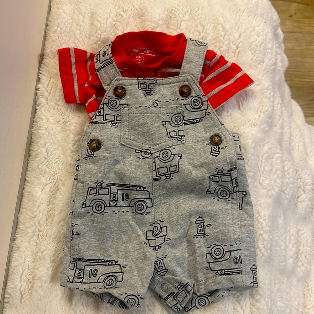 Carters newborn short outfit with fire trucks